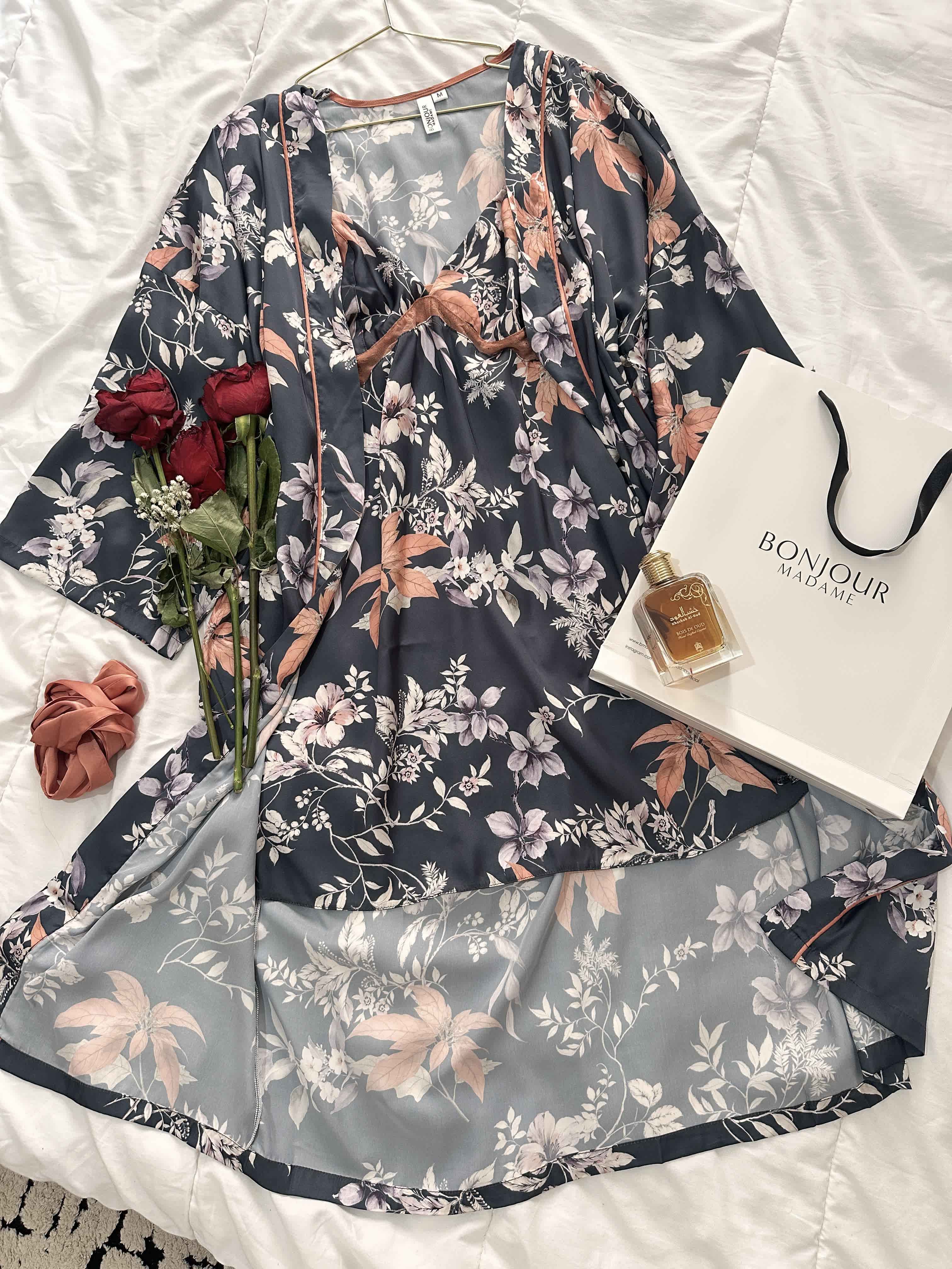 Deshabillé Bonjour bleu pigeon fleuri 