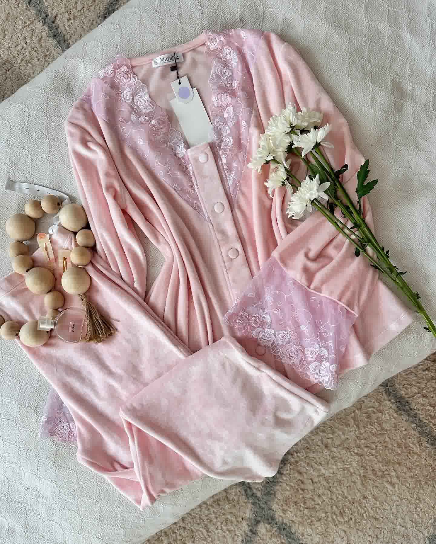 Pyjama velour Rose col V