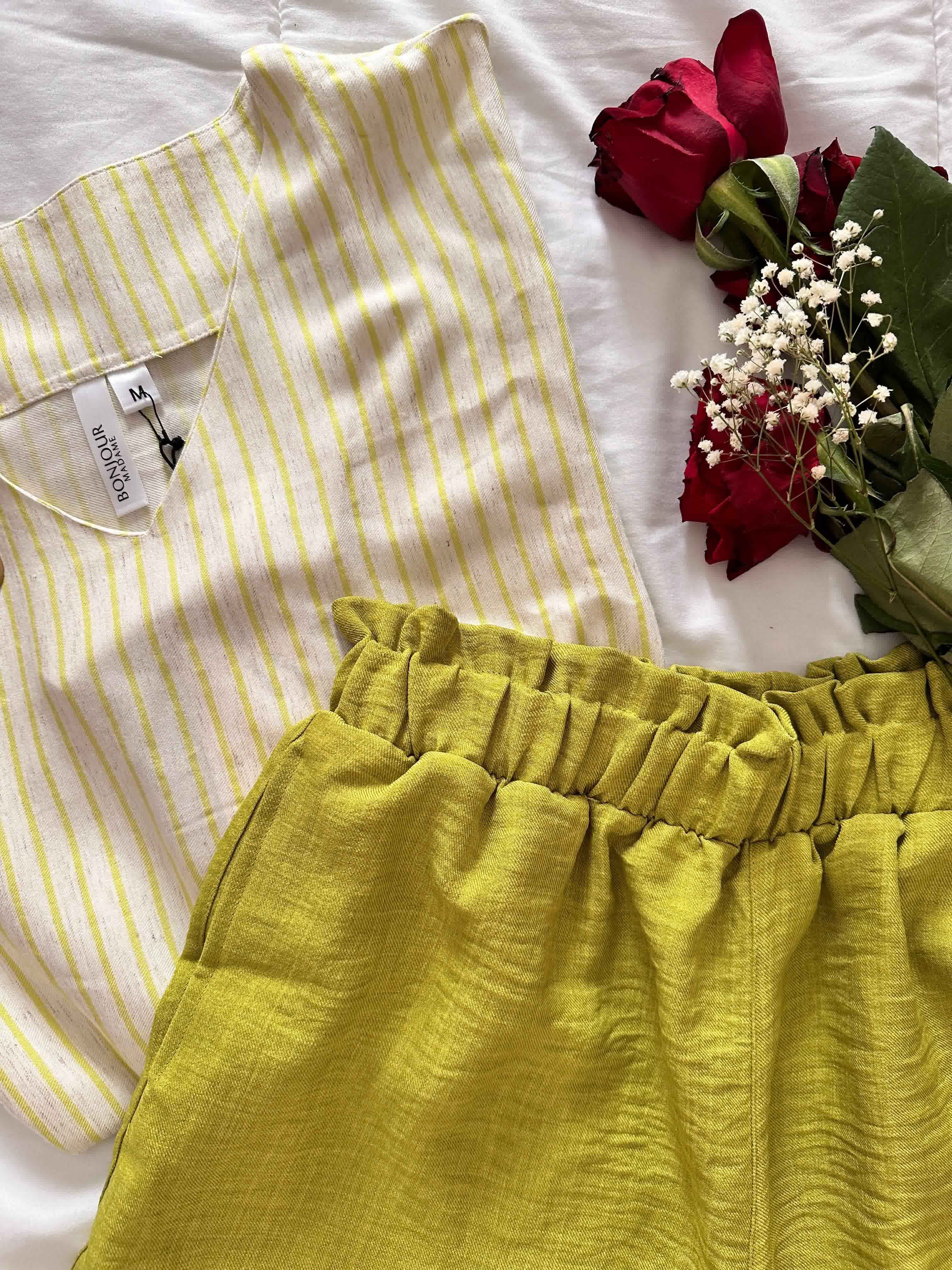 Pyjama short vert pistache /beige lin 