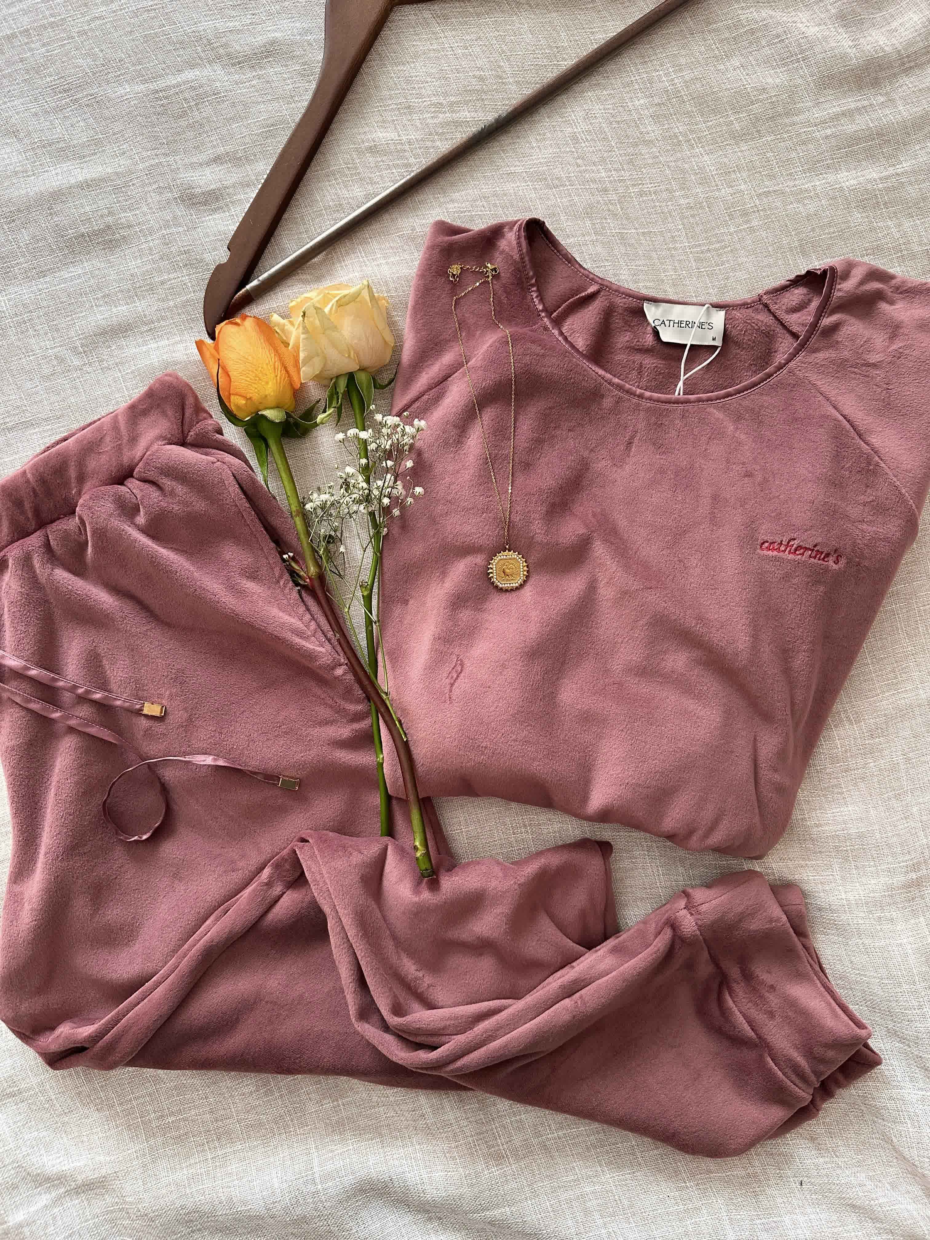 Pyjama velour Catherienes rose foncé 