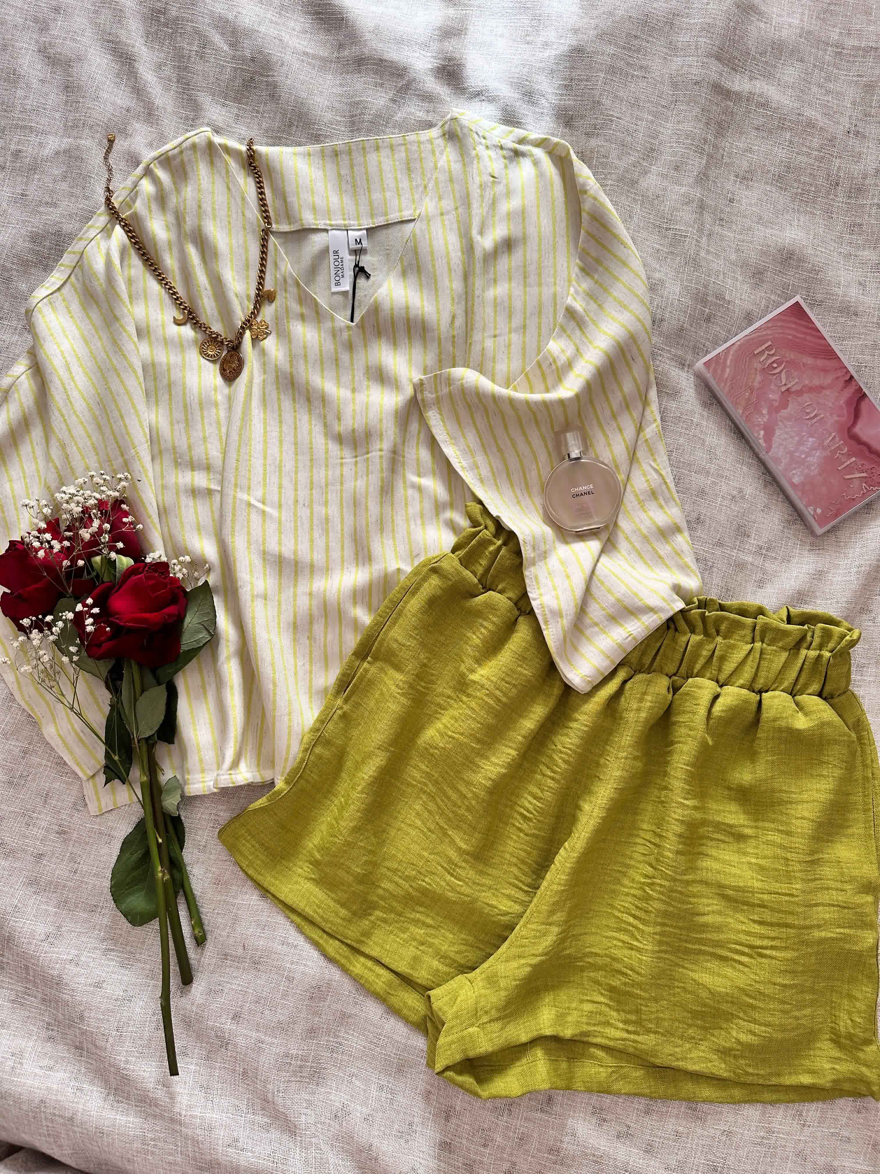 Pyjama short vert pistache /beige lin 