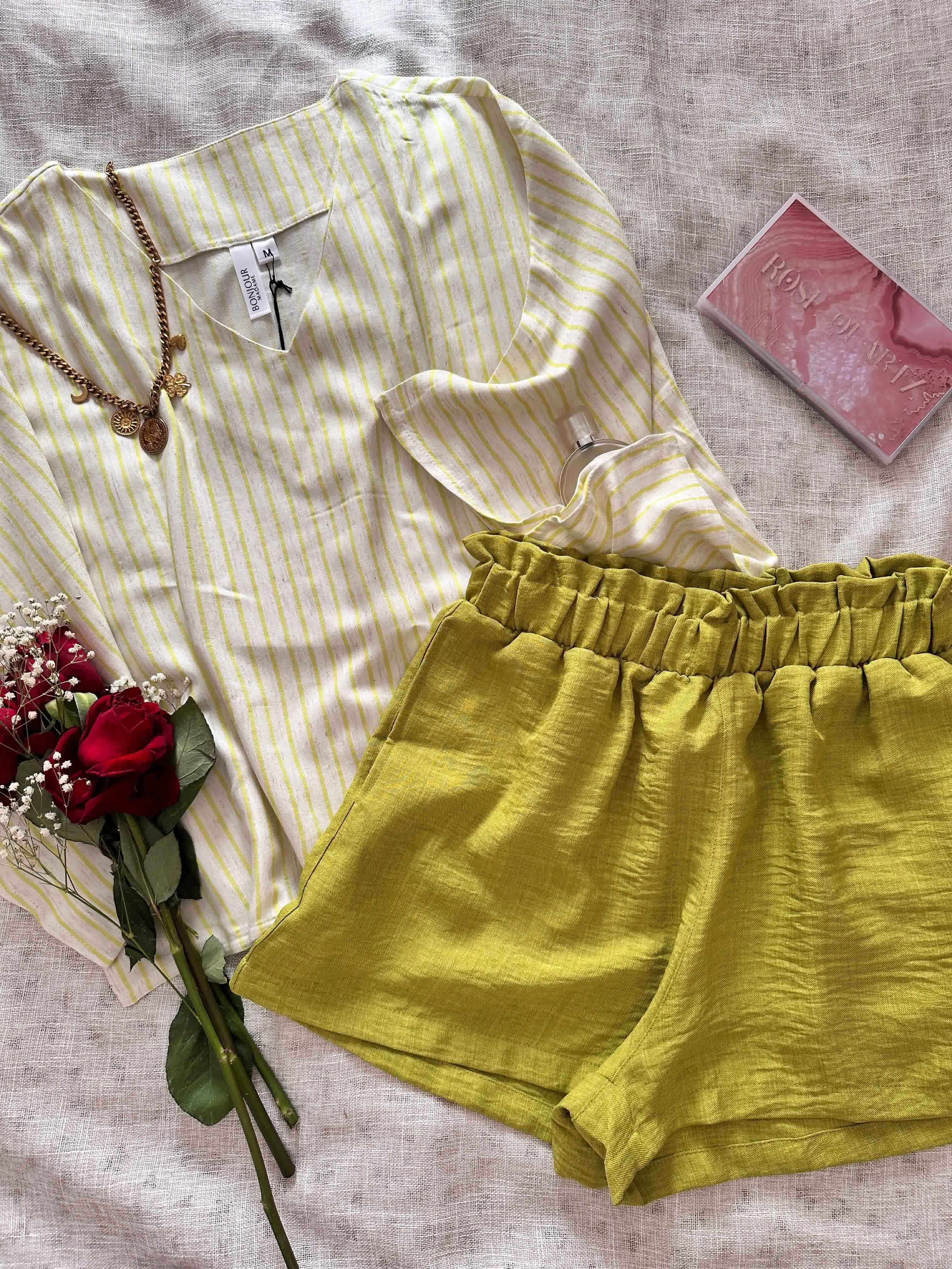 Pyjama short vert pistache /beige lin 