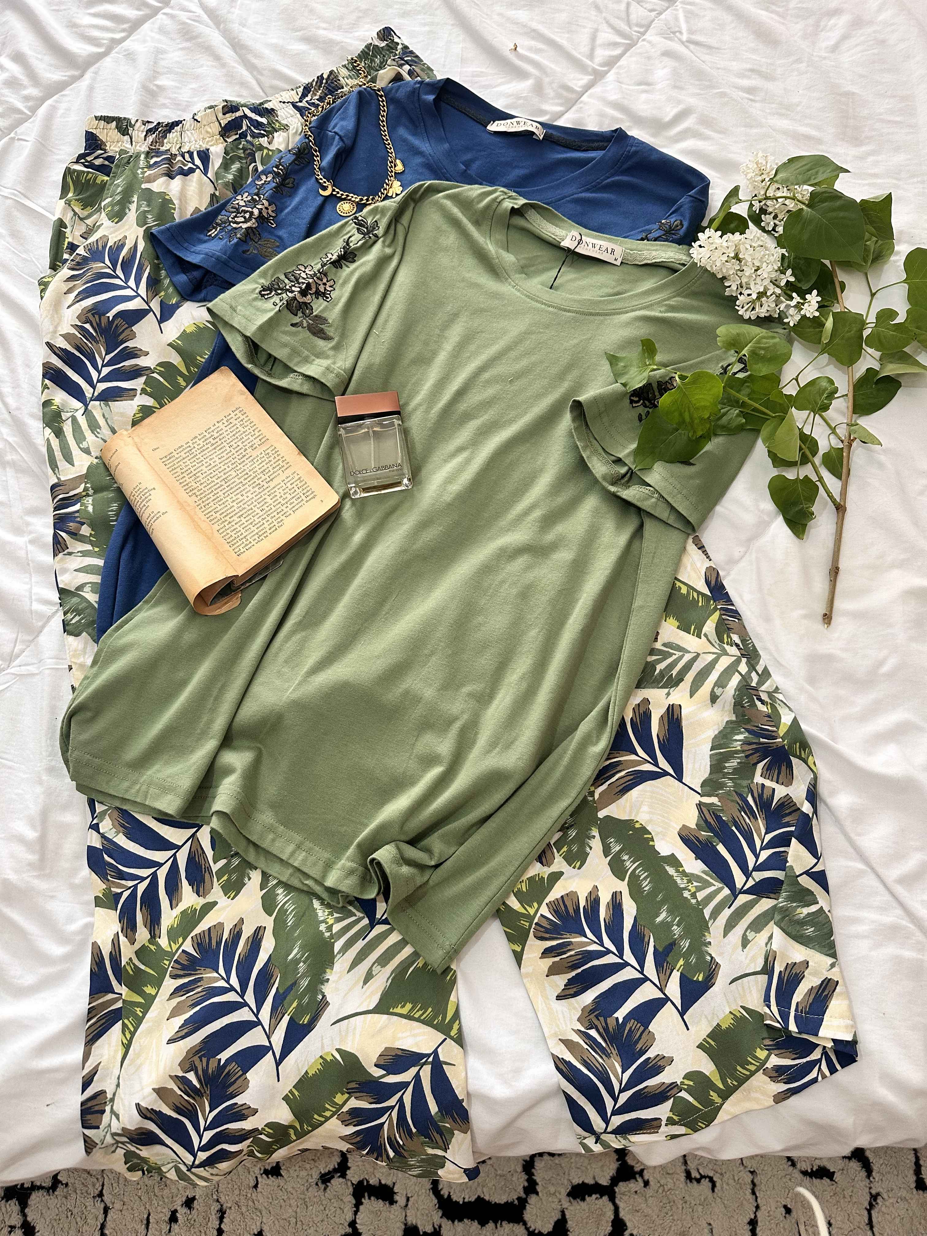 homewear vert/ bleu pantalon feuilles 