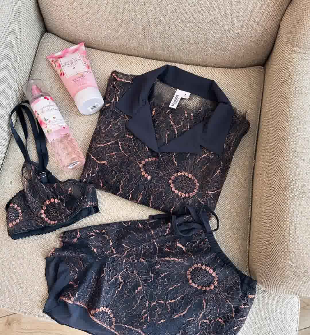Pyjama short 3pcs Bonjour noir/bronze