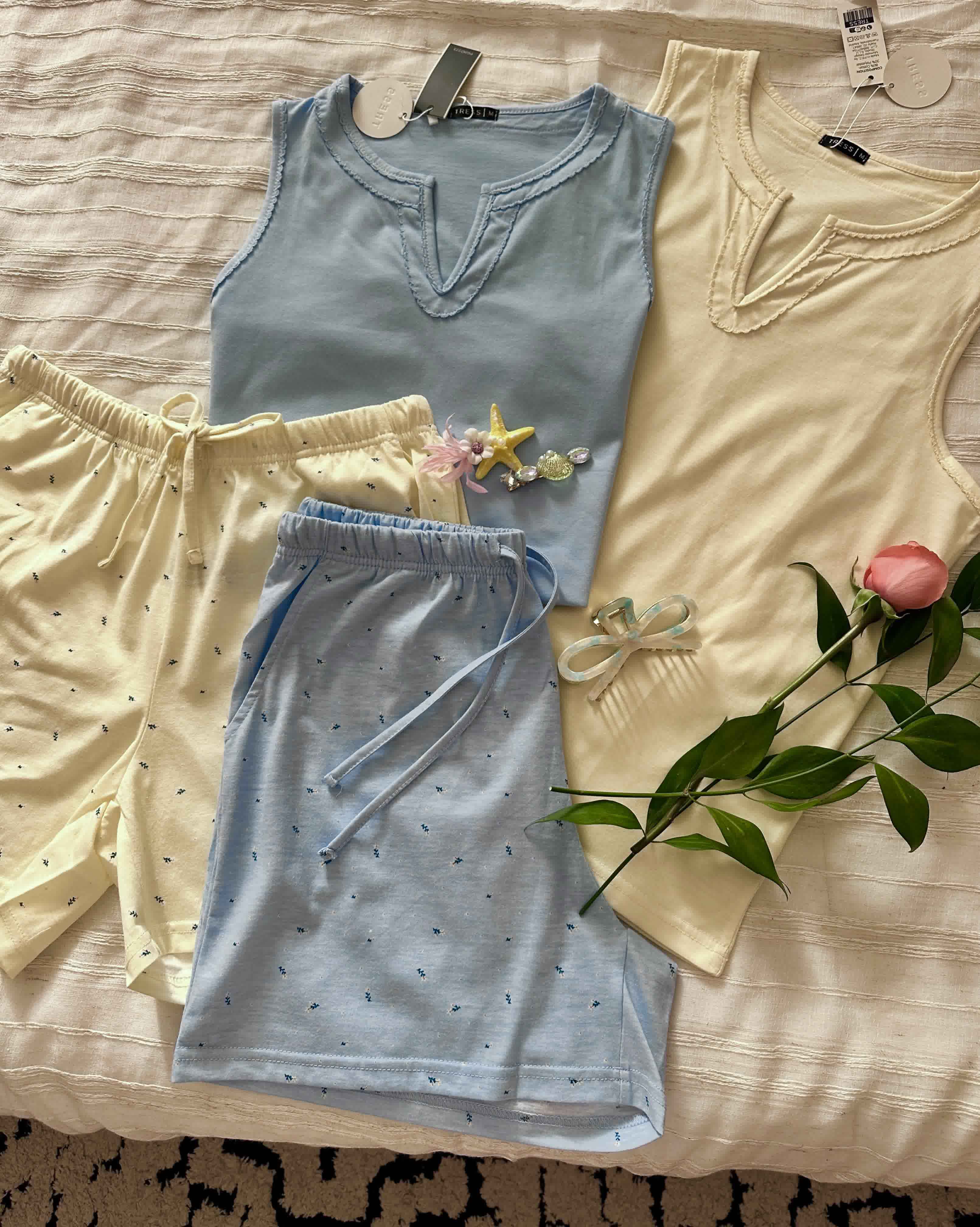 Pyjama short coton bleu/jaune