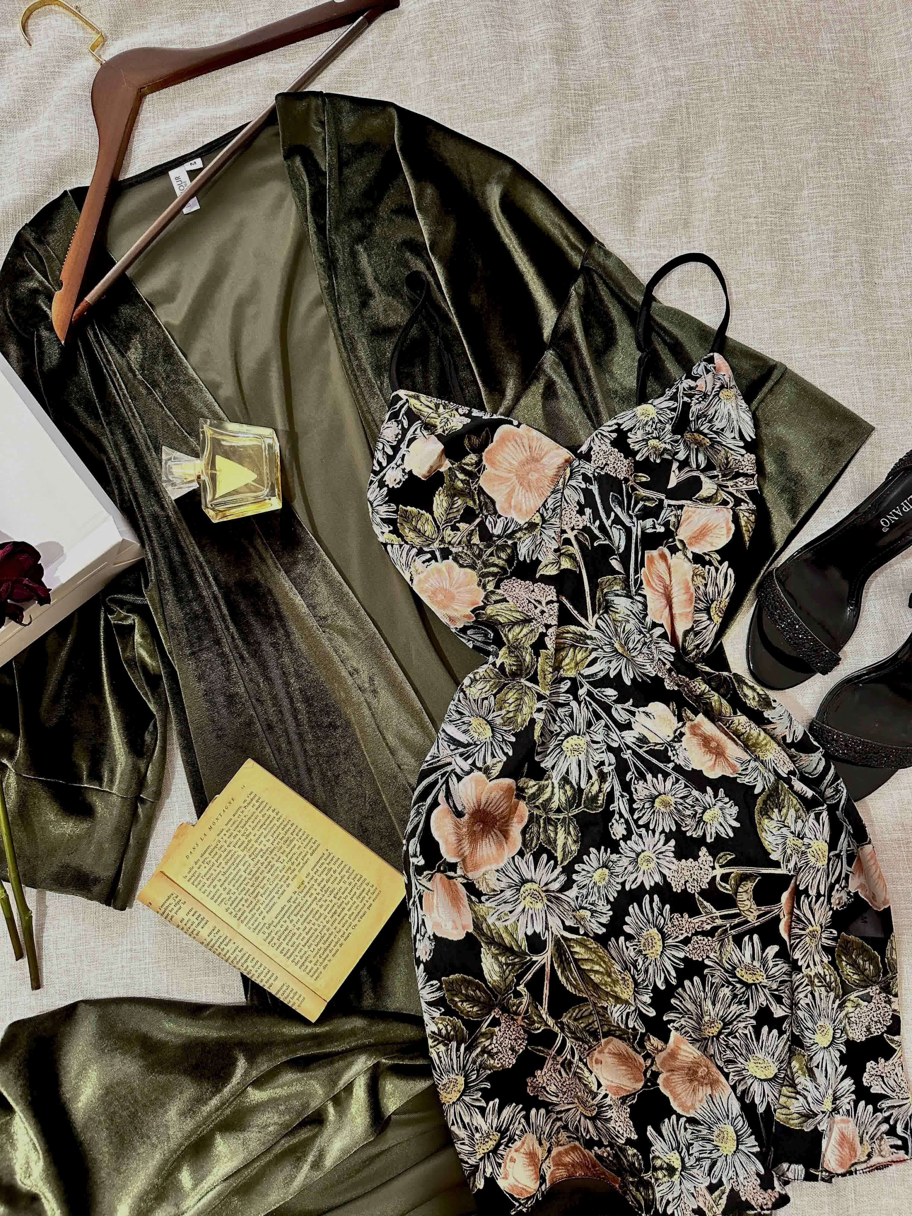 Deshabillé Bonjour vert olive kimono long 