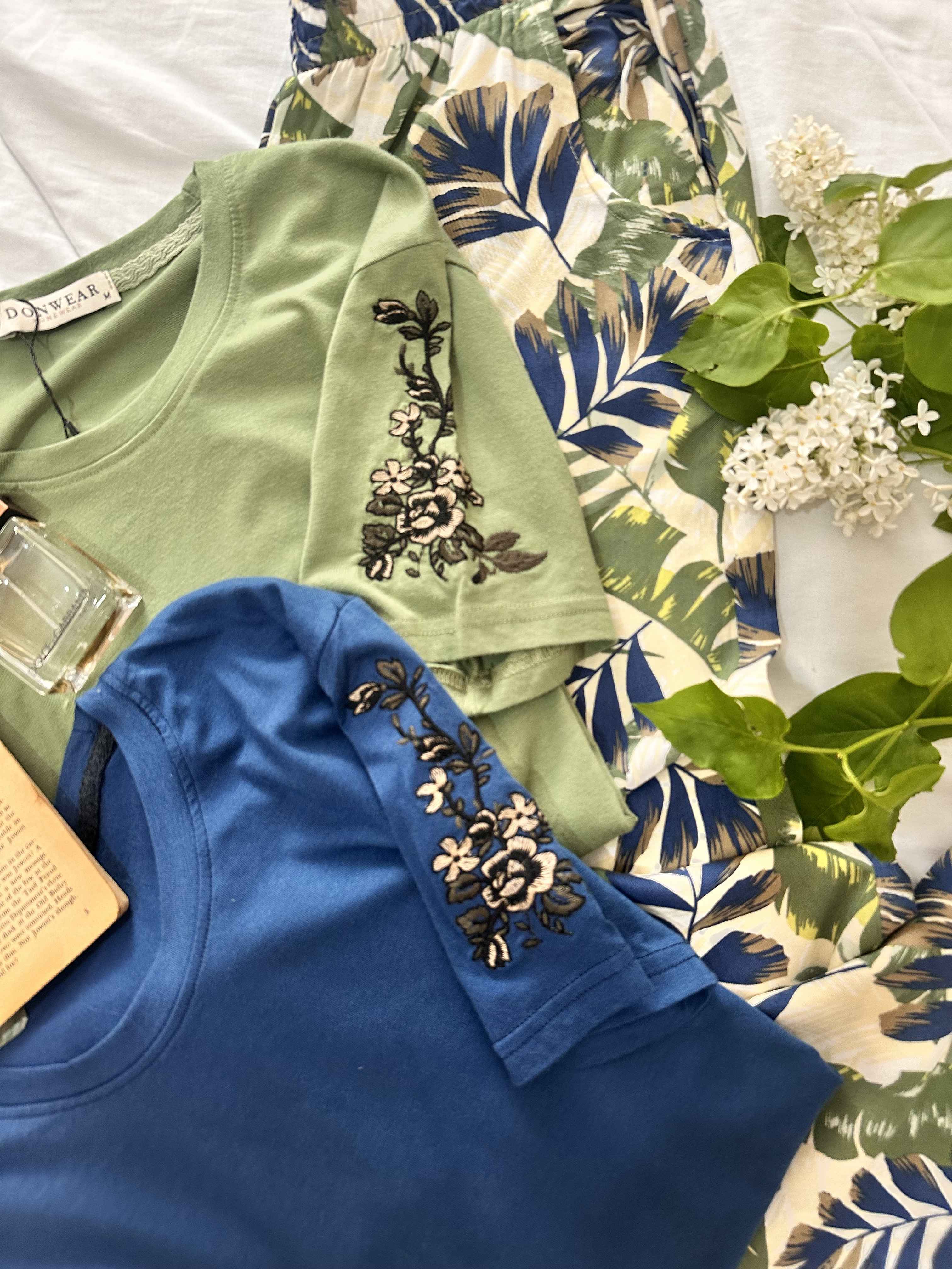 homewear vert/ bleu pantalon feuilles 