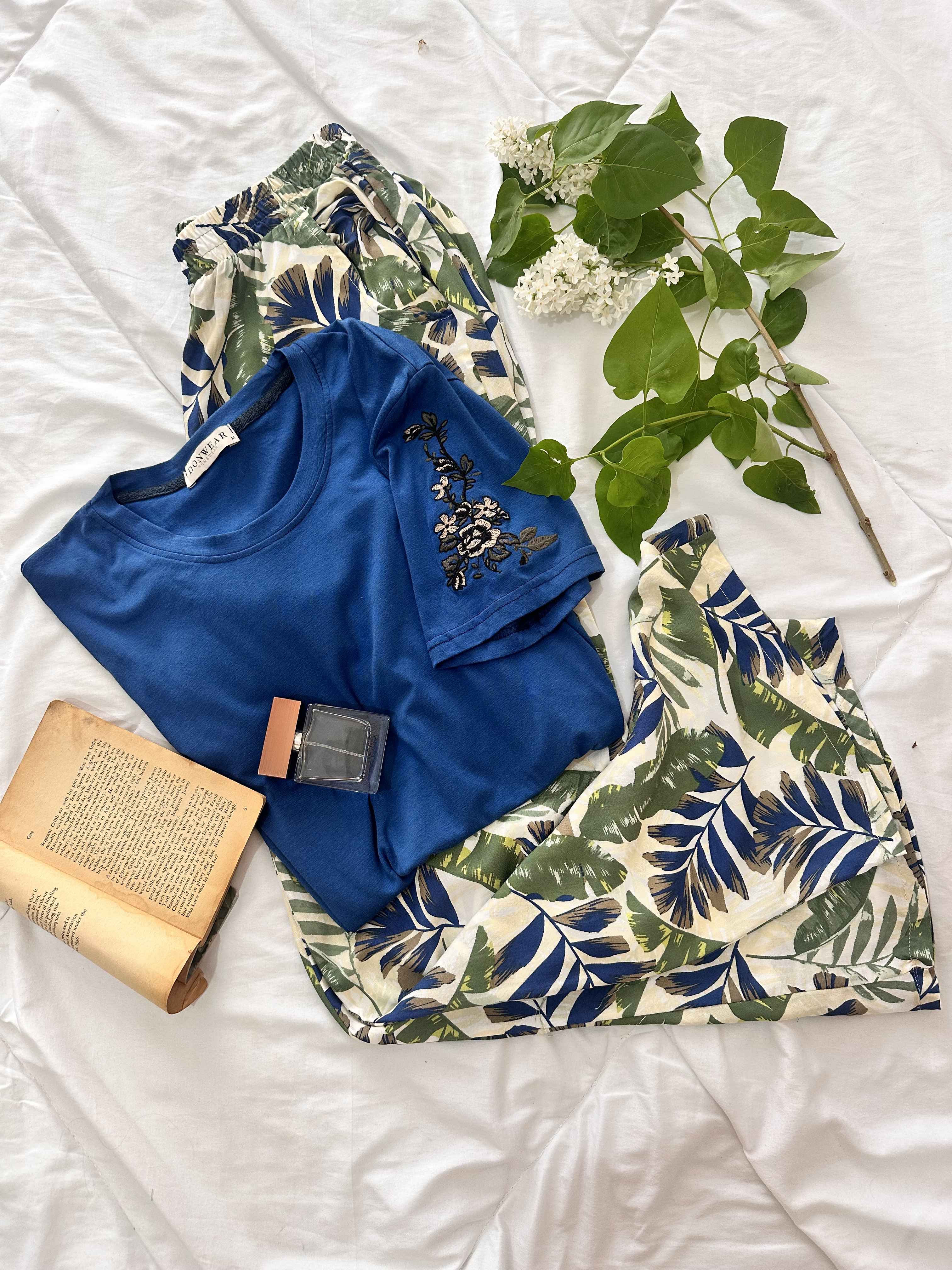 homewear vert/ bleu pantalon feuilles 