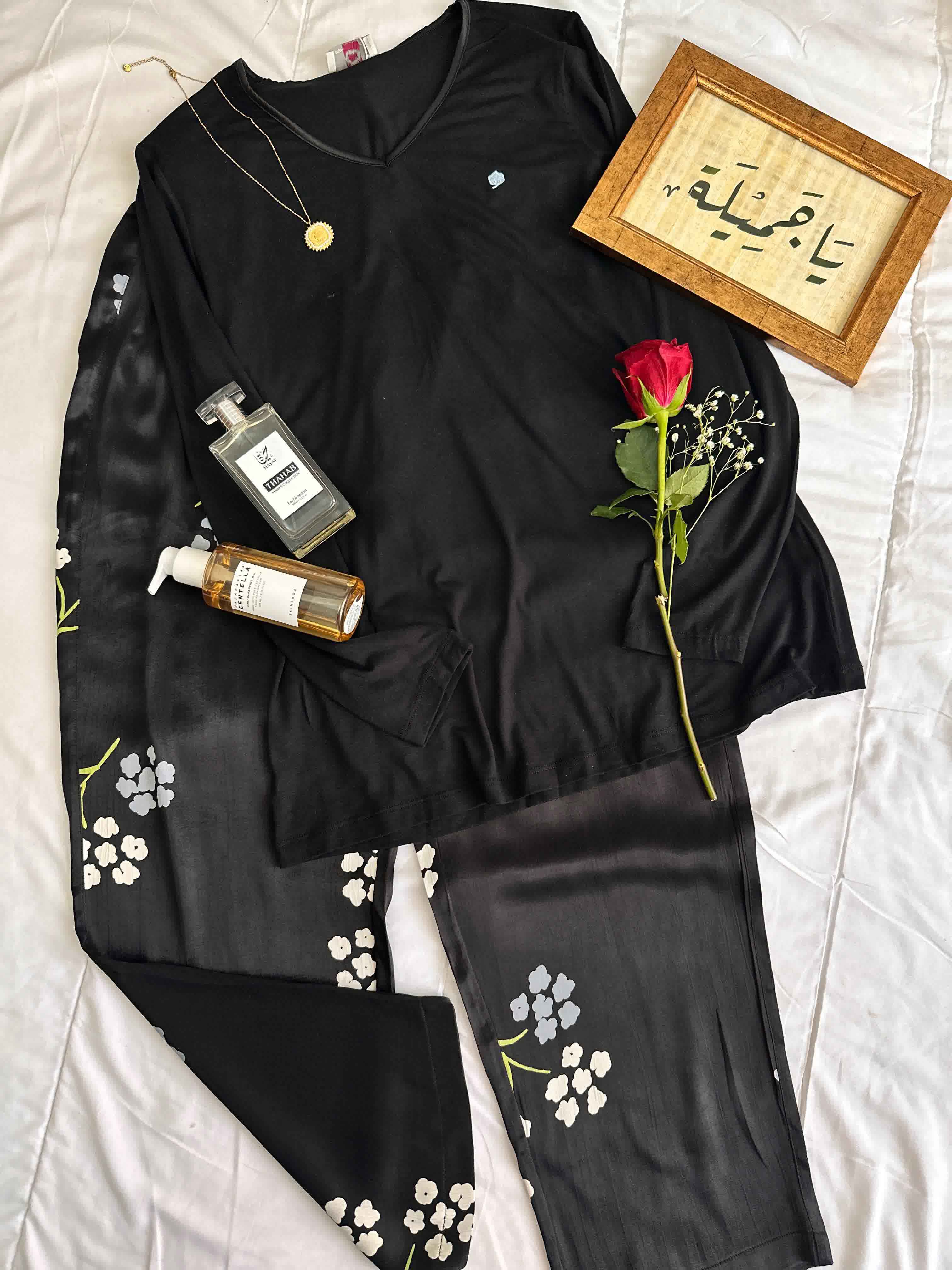 Pyjama noir pantalon satiné 