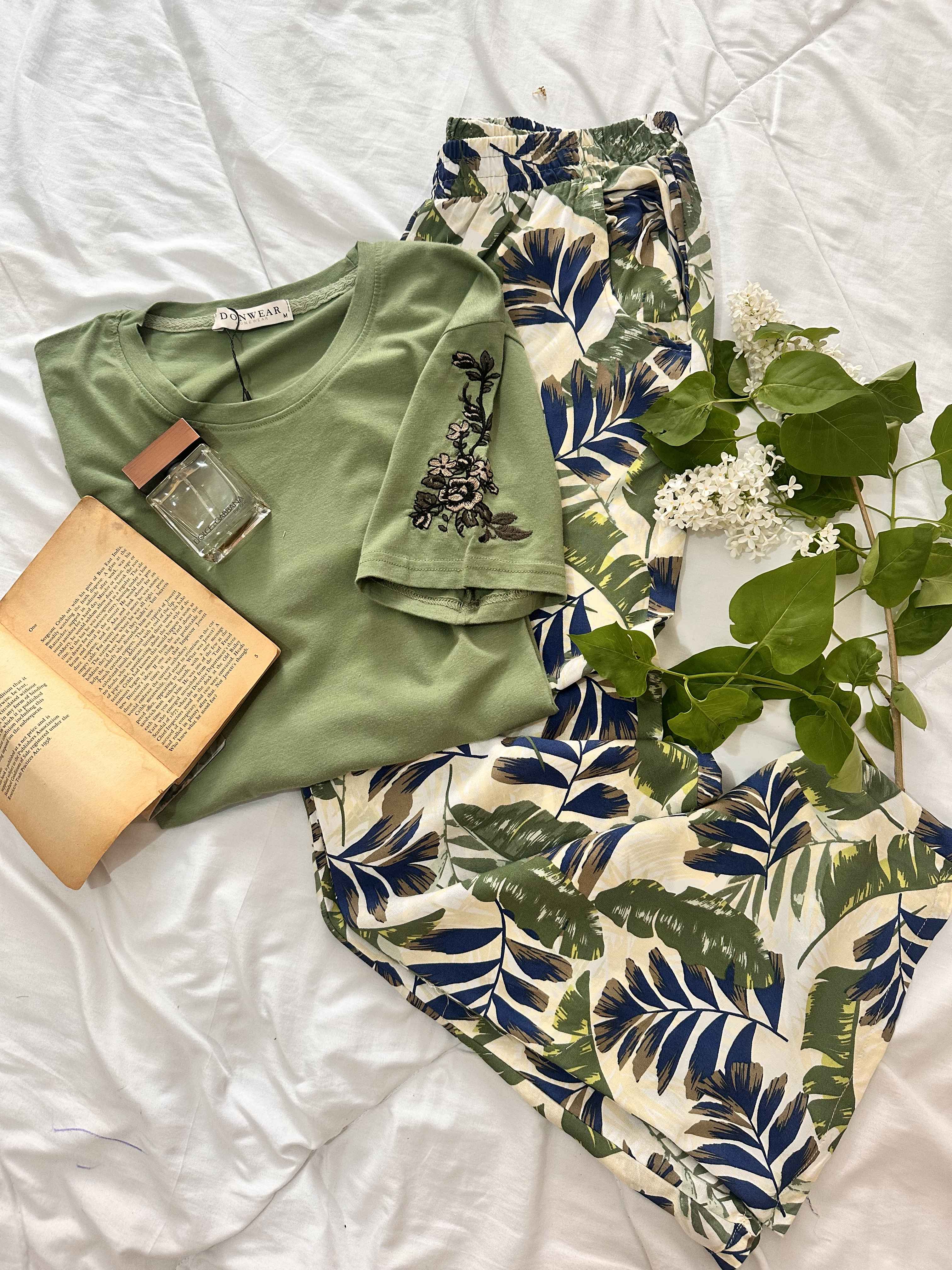 homewear vert/ bleu pantalon feuilles 