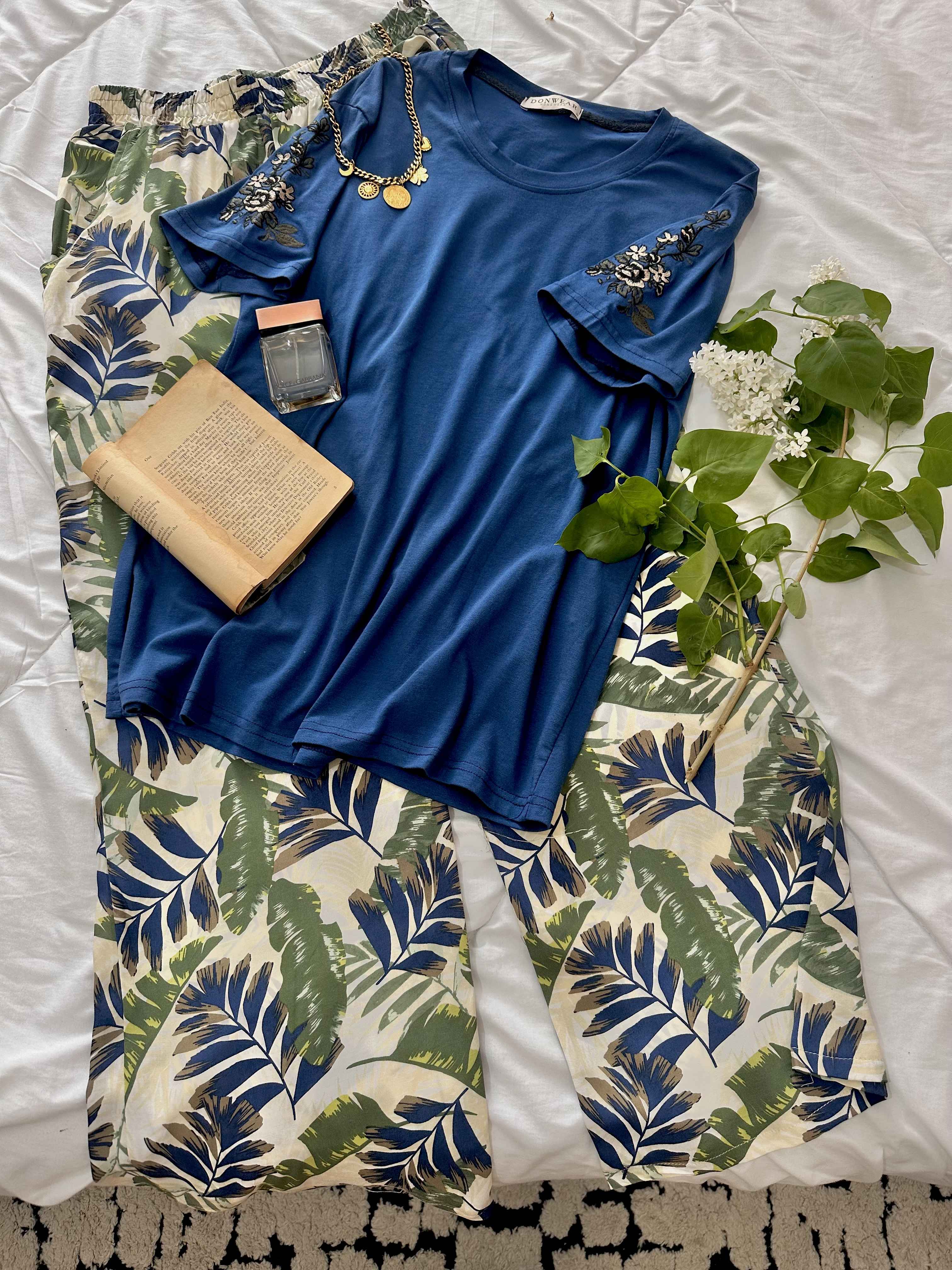 homewear vert/ bleu pantalon feuilles 