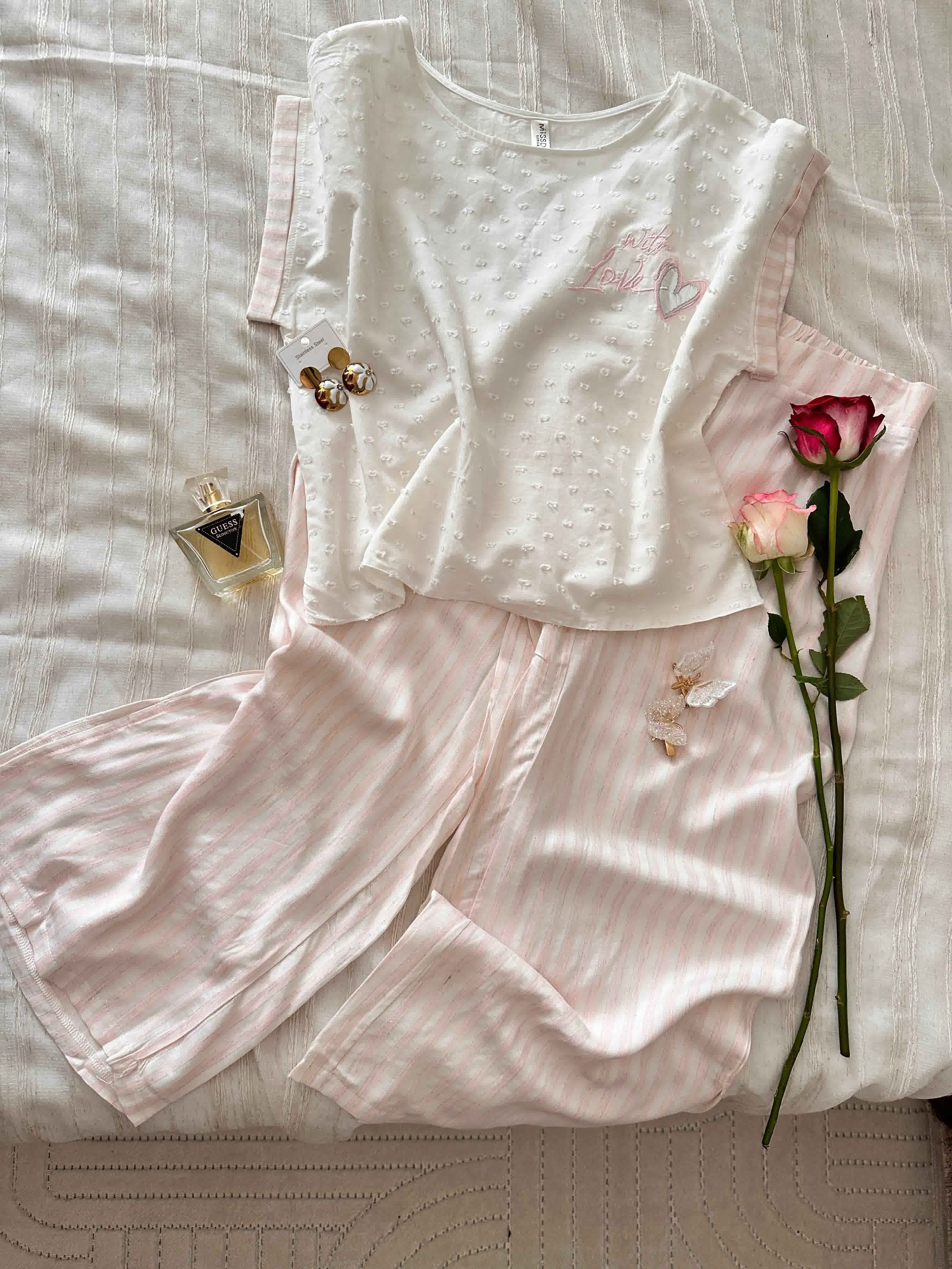 Pyjama Md rose/blanc pantacourt