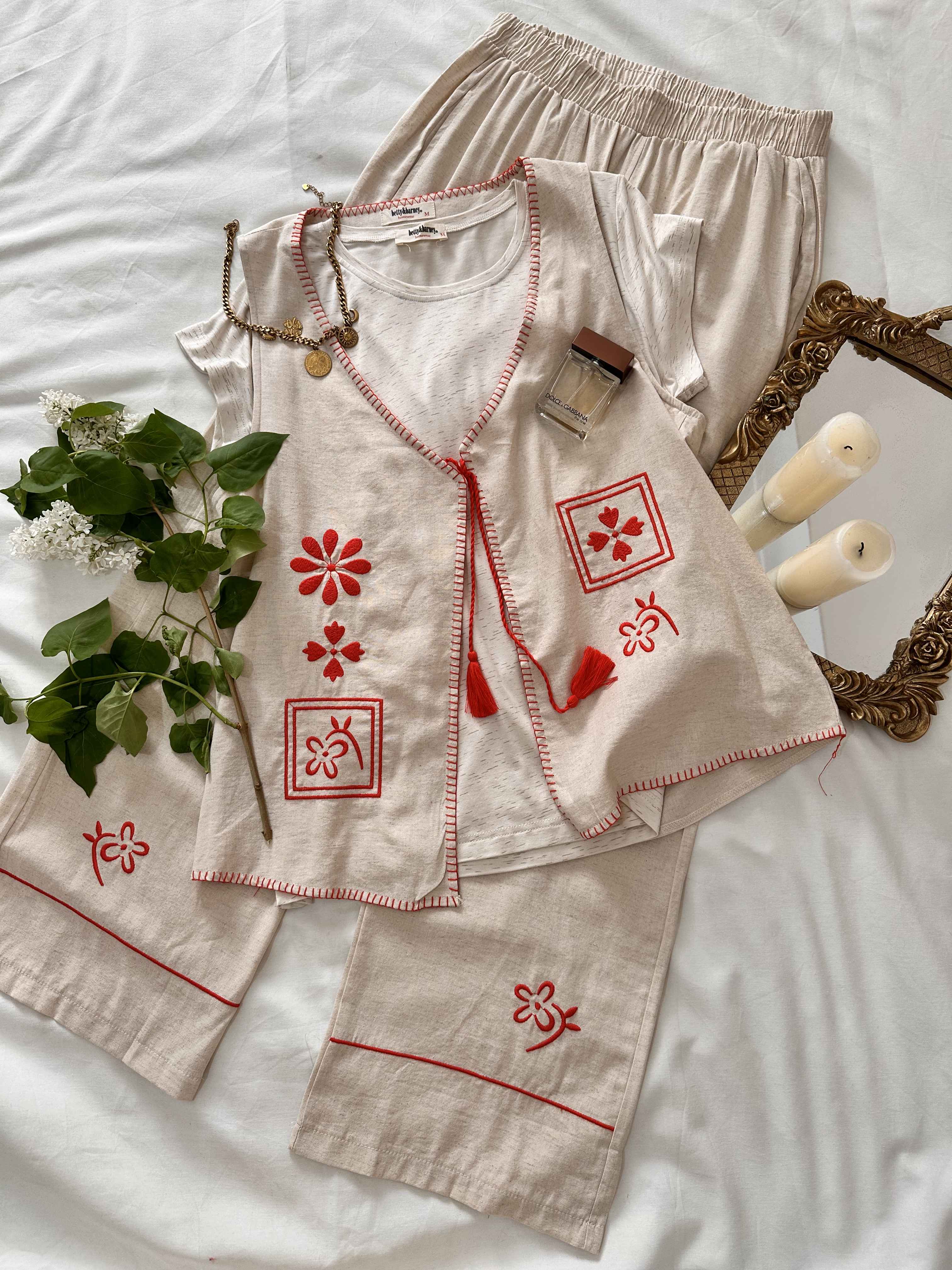 3pcs lin broderie rouge