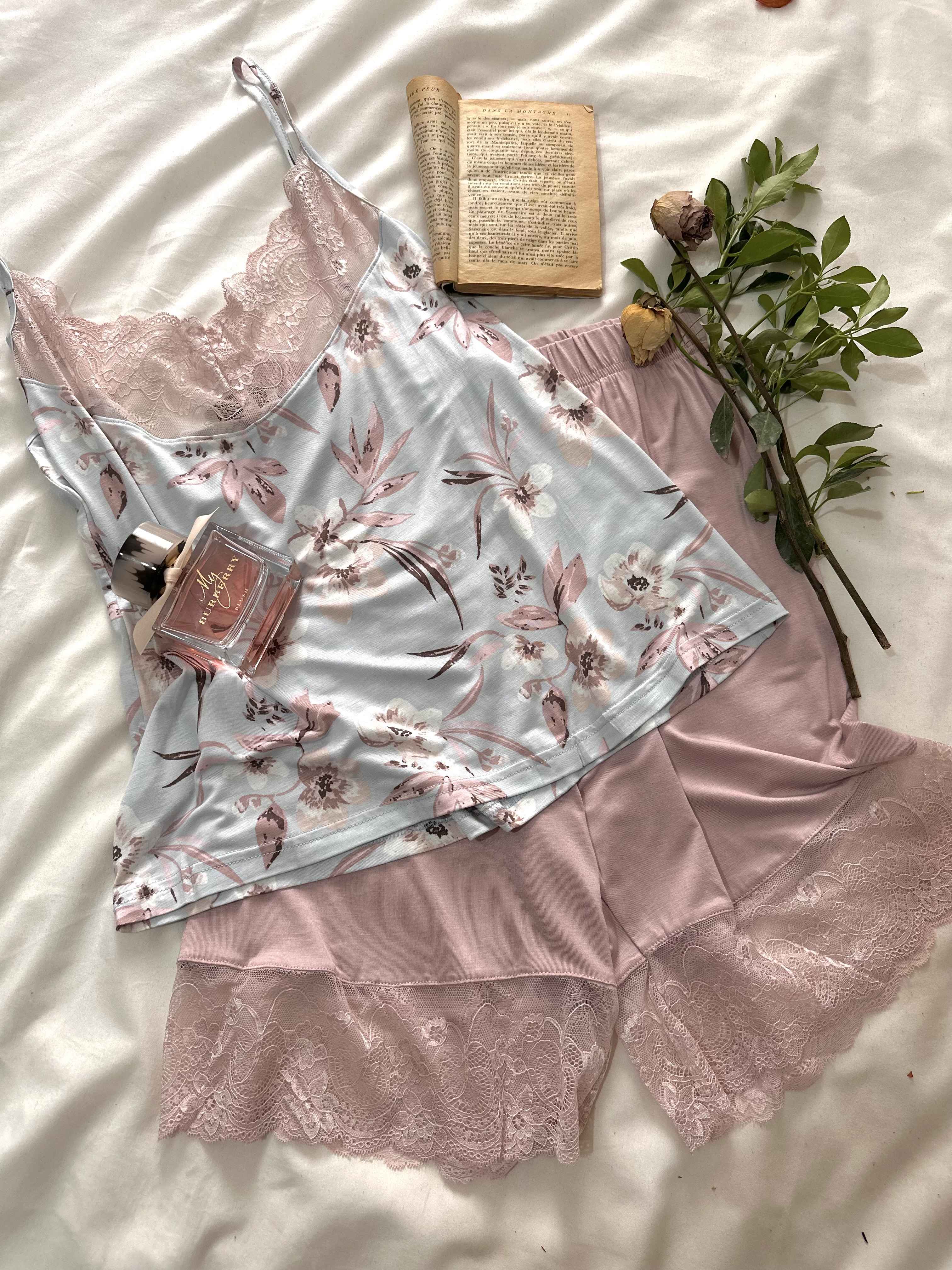 pyj short Figleaf bleu dentelle rose