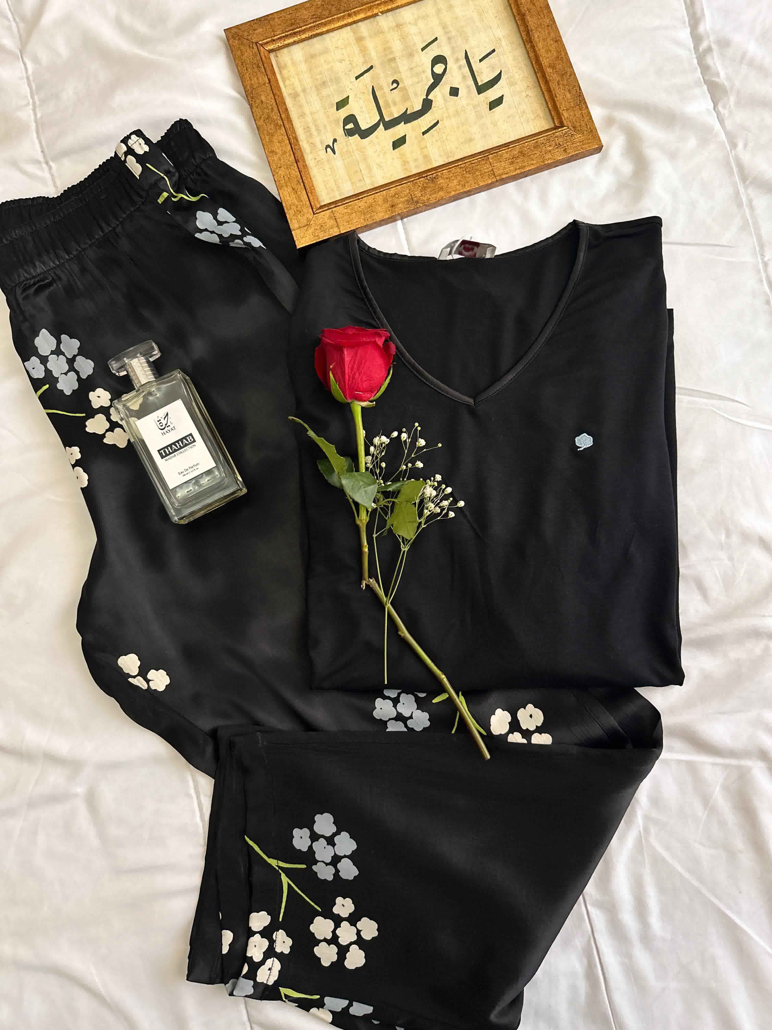 Pyjama noir pantalon satiné 