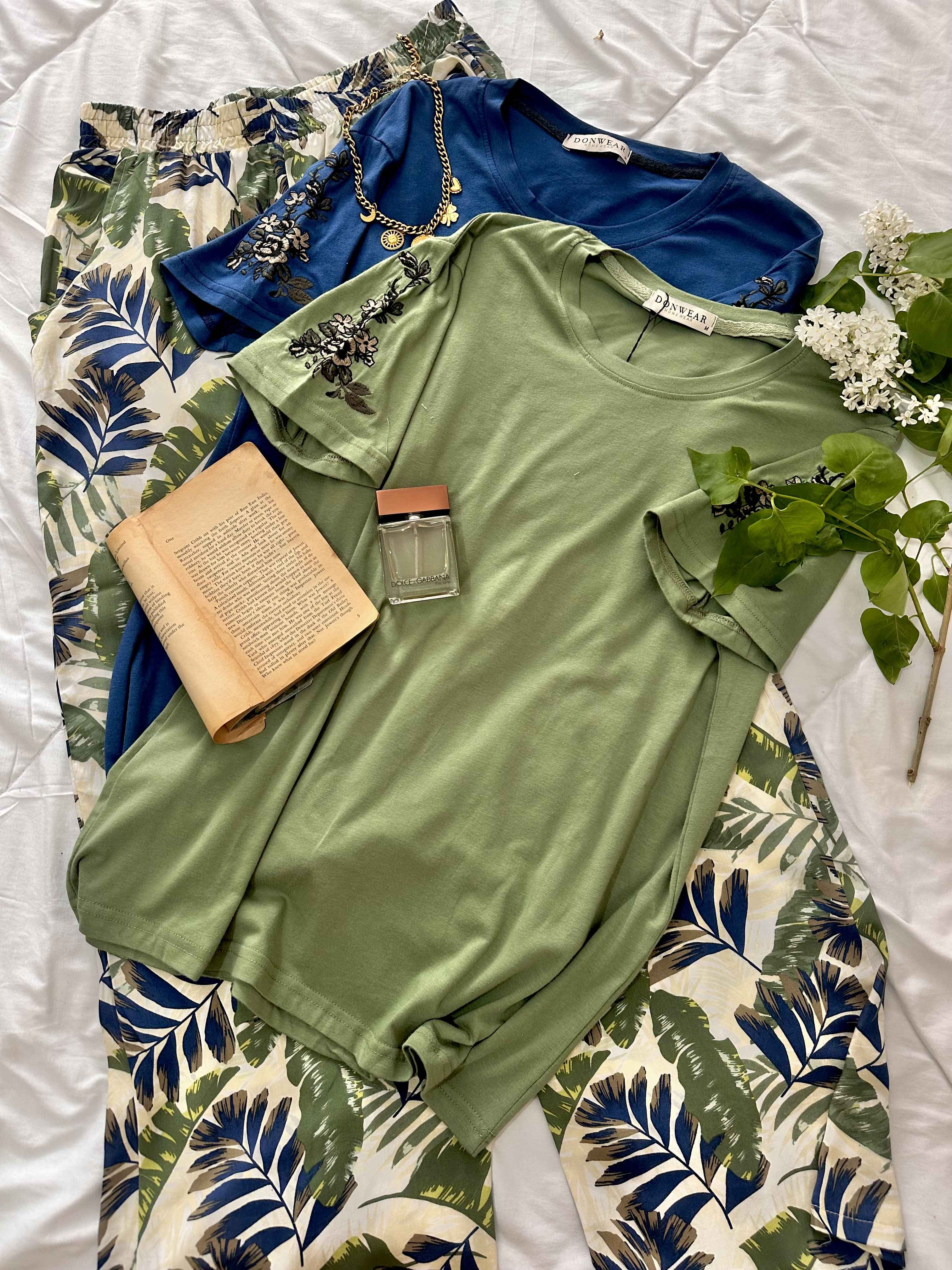 homewear vert/ bleu pantalon feuilles 