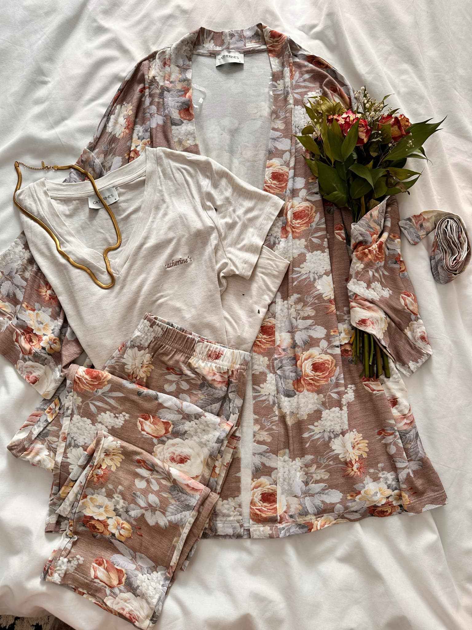 3 pieces Cathrines maron fleuri