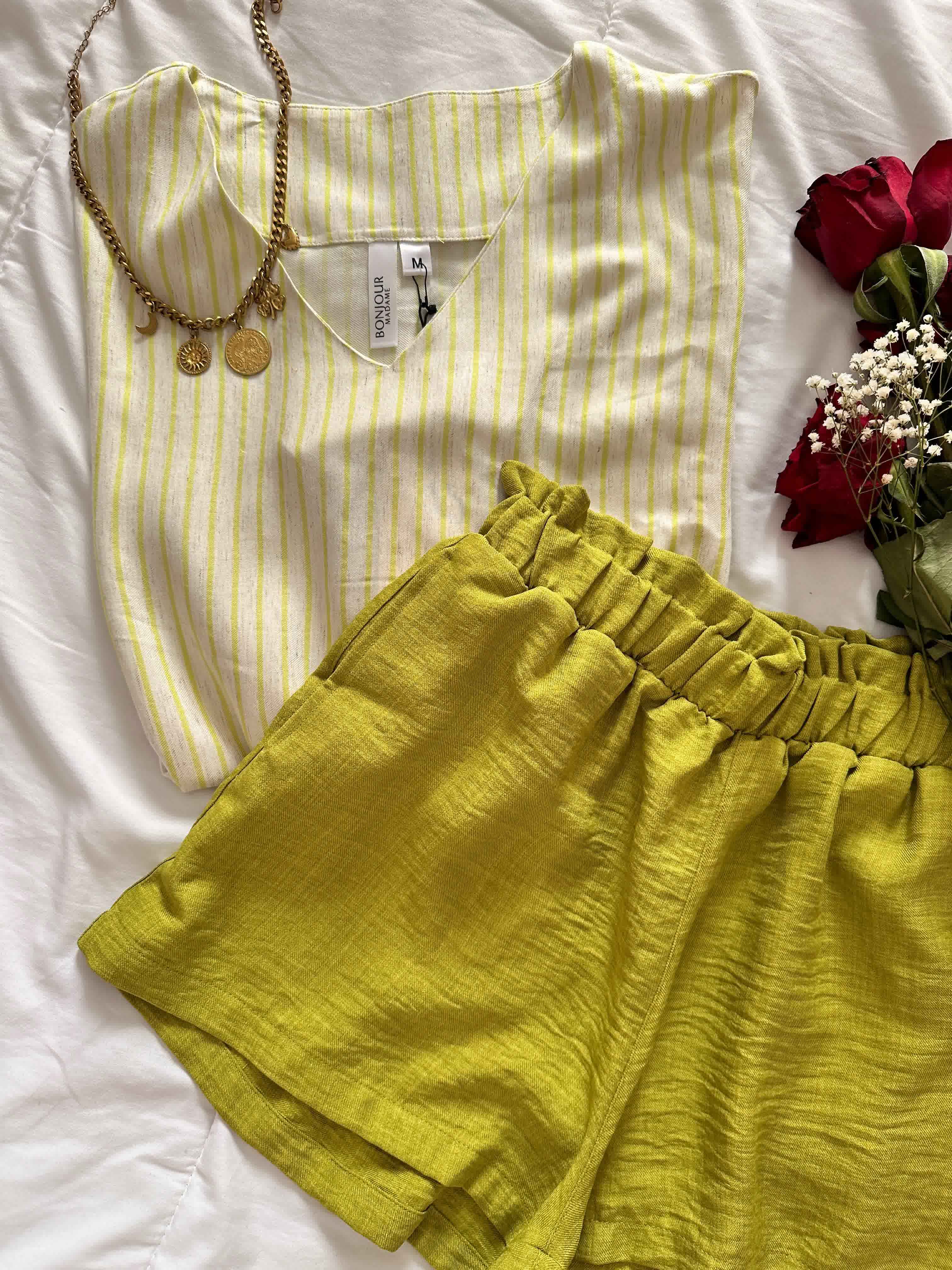 Pyjama short vert pistache /beige lin 