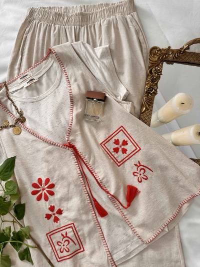3pcs lin broderie rouge
