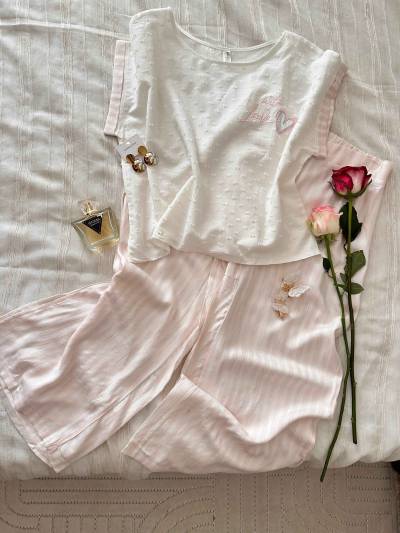 Pyjama Md rose/blanc pantacourt