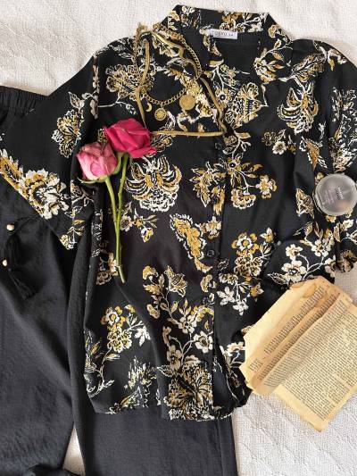 Homewear Cosku noire et beige fleurs et feuilles